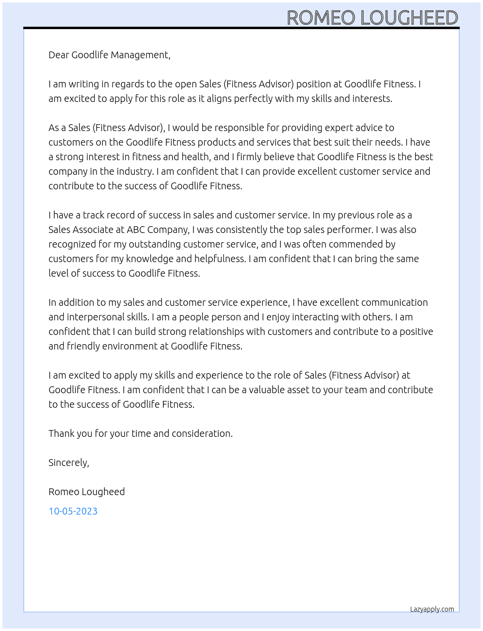 Sales (Fitness Advisor) At Good life fitness Cover Letter