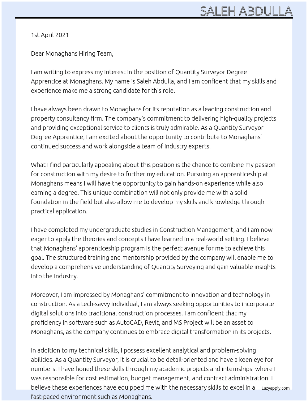 Quantity surveyor degree apprentice At Monaghans Cover Letter