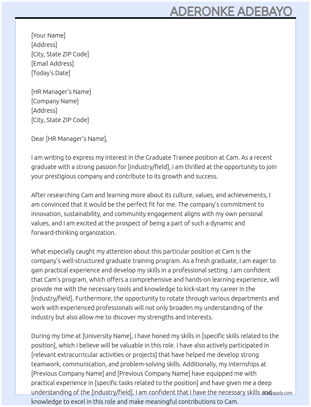 Graduate trainee  At Cam Cover Letter
