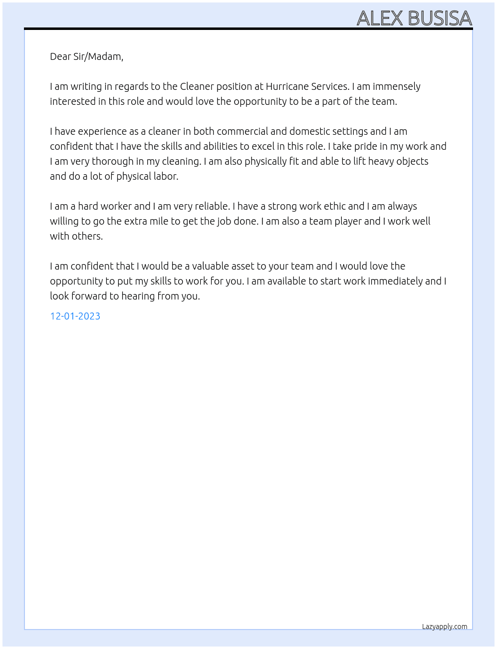 Cleaner At Hurricane Services Cover Letter