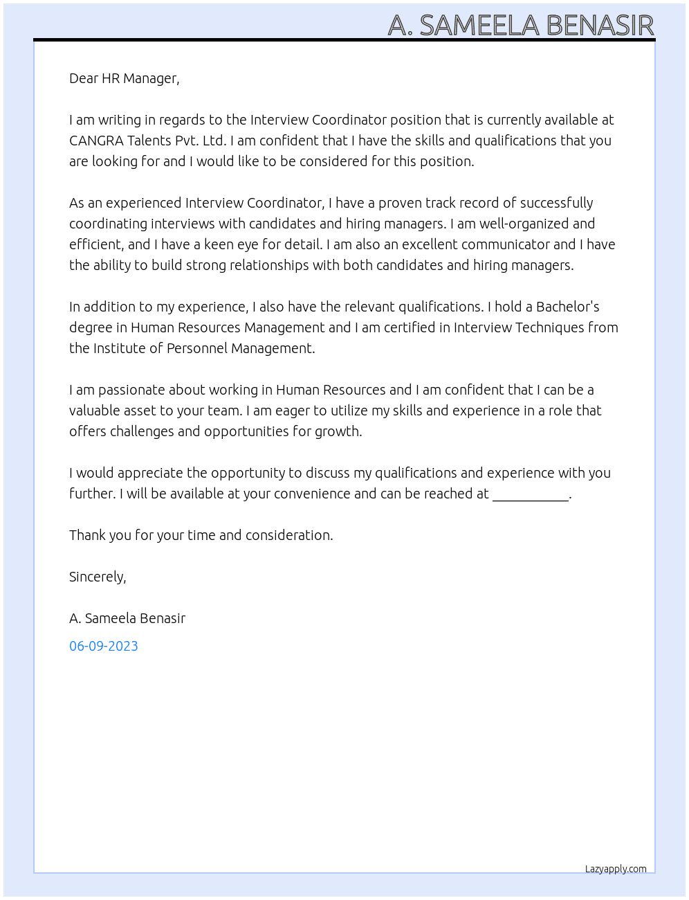 Interview Coordinators  At CANGRA Talents Pvt. Ltd. Cover Letter