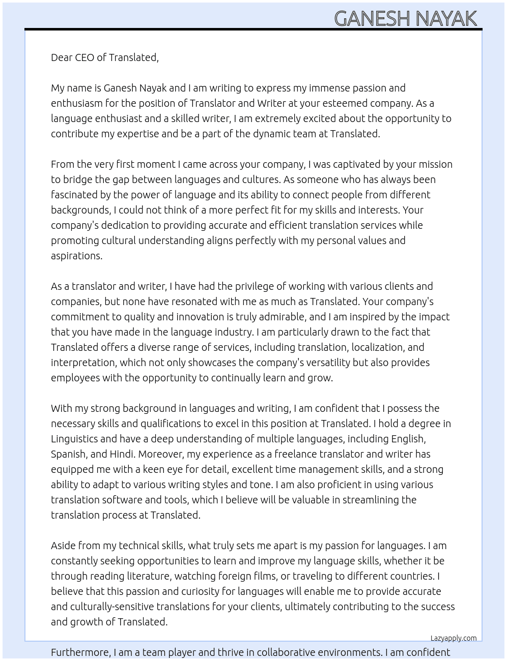 Translator and writer At Translated Cover Letter