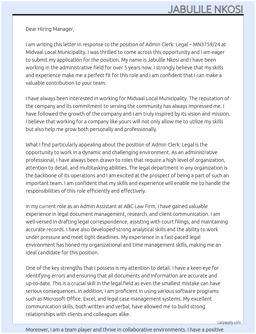 ADMIN CLERK: LEGAL _ MN3759/24 At Midvaal Local Municipality  Cover Letter