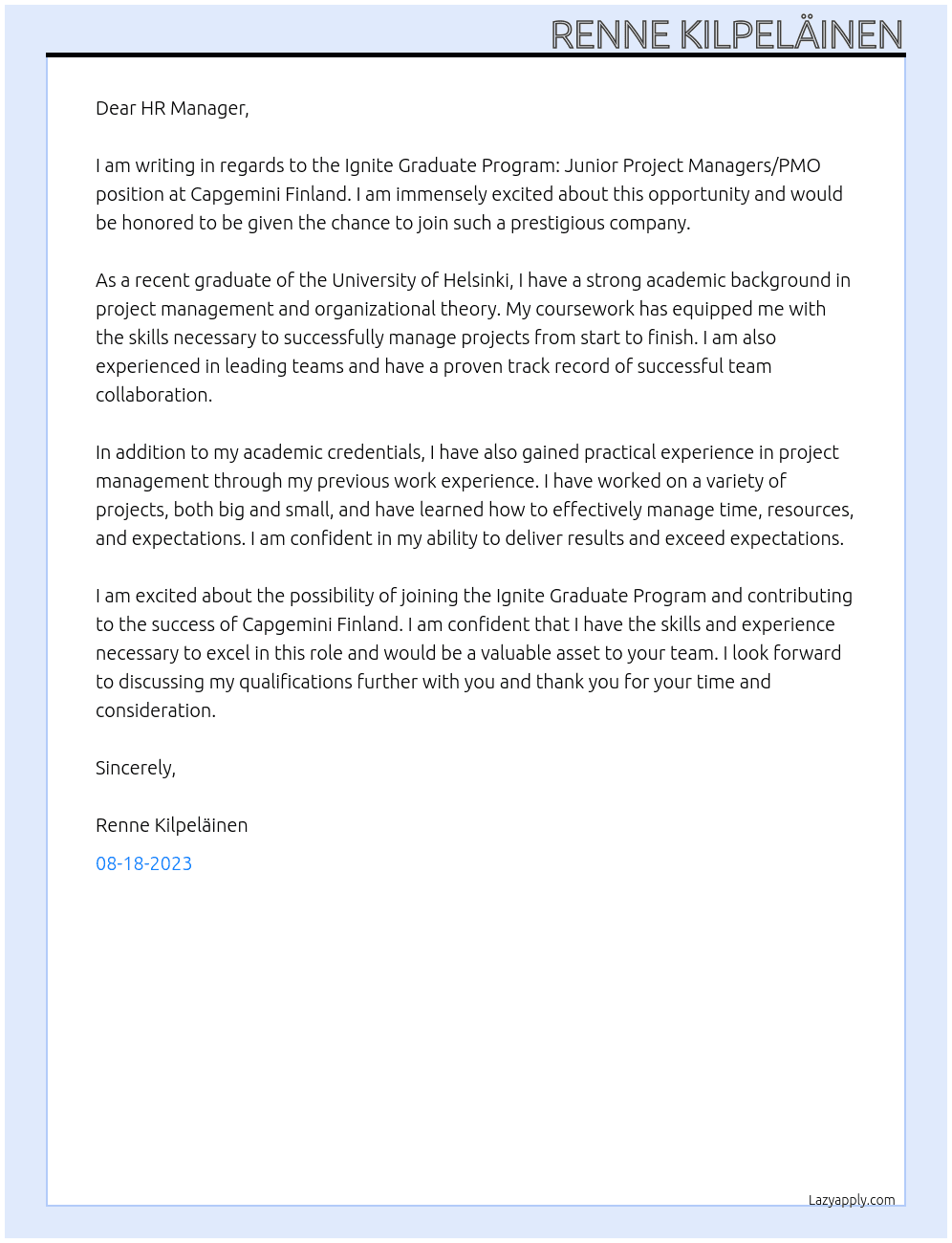 Ignite Graduate Program: Junior Project Managers/PMO At Capgemini Finland Cover Letter