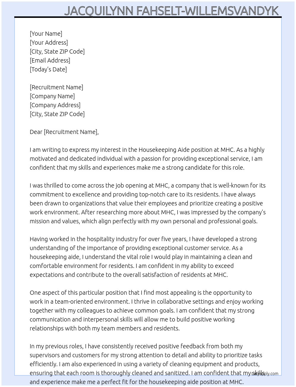 Housekeeping aide At MHC Cover Letter