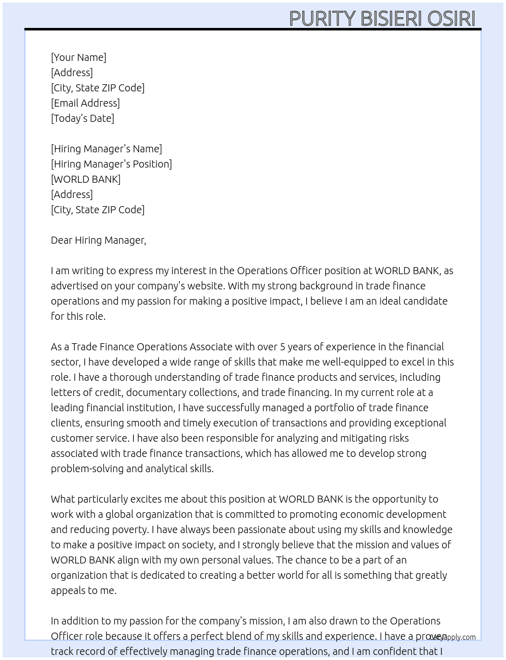 Operations officer  At WORLD BANK Cover Letter