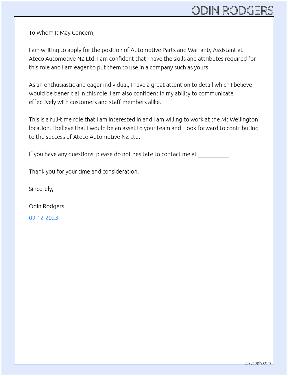 Automotive Parts and Warranty Assistant At Ateco Automotive NZ Ltd Cover Letter