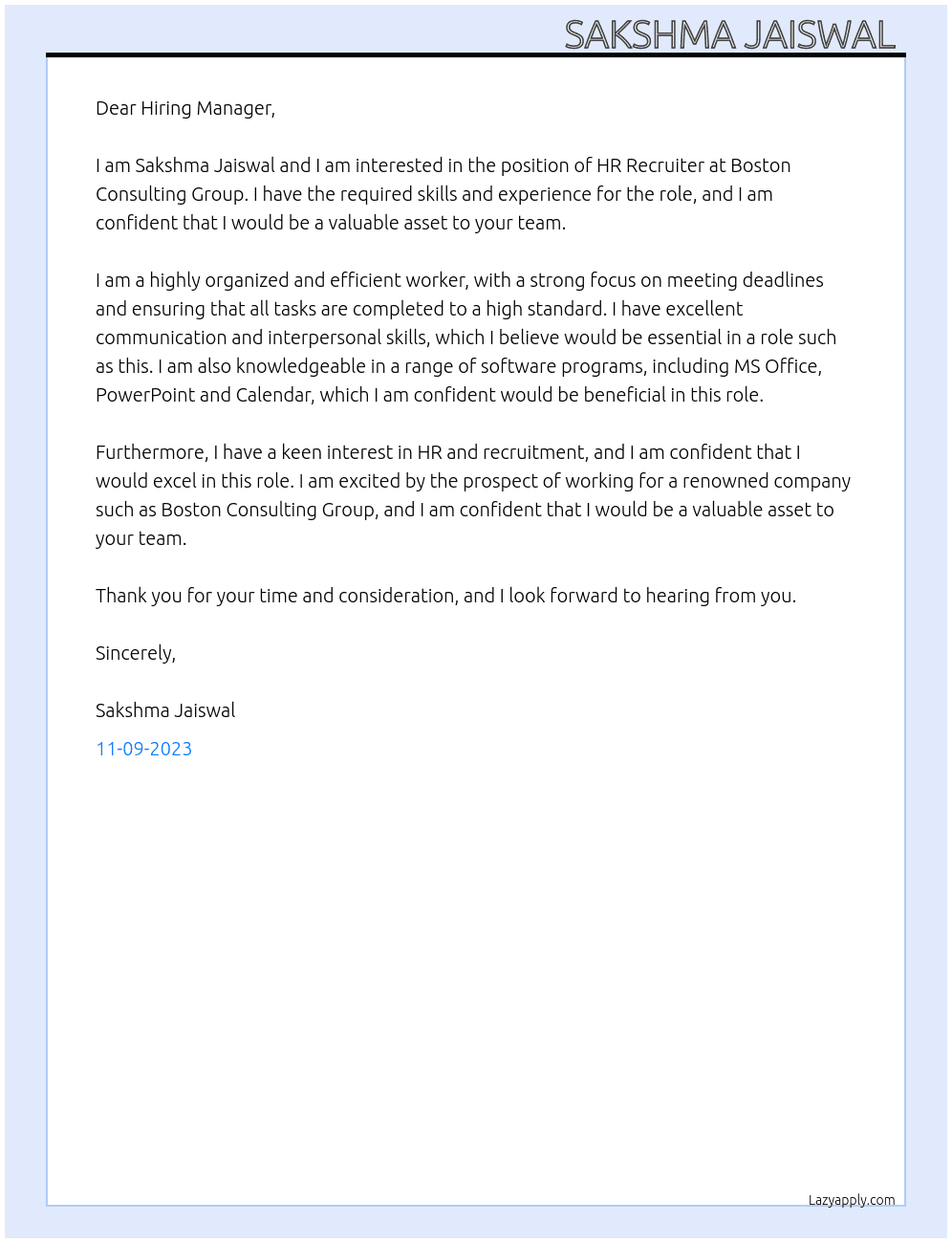 hr recruiter  At Boston consulting group  Cover Letter
