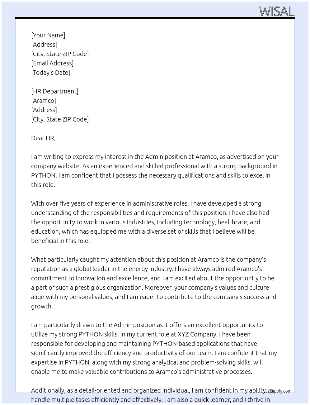 admin  At aramco Cover Letter