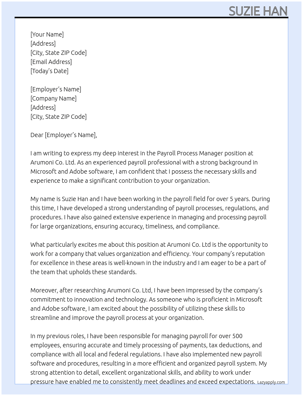Payroll Process Manager At Arumoni Co. Ltd Cover Letter
