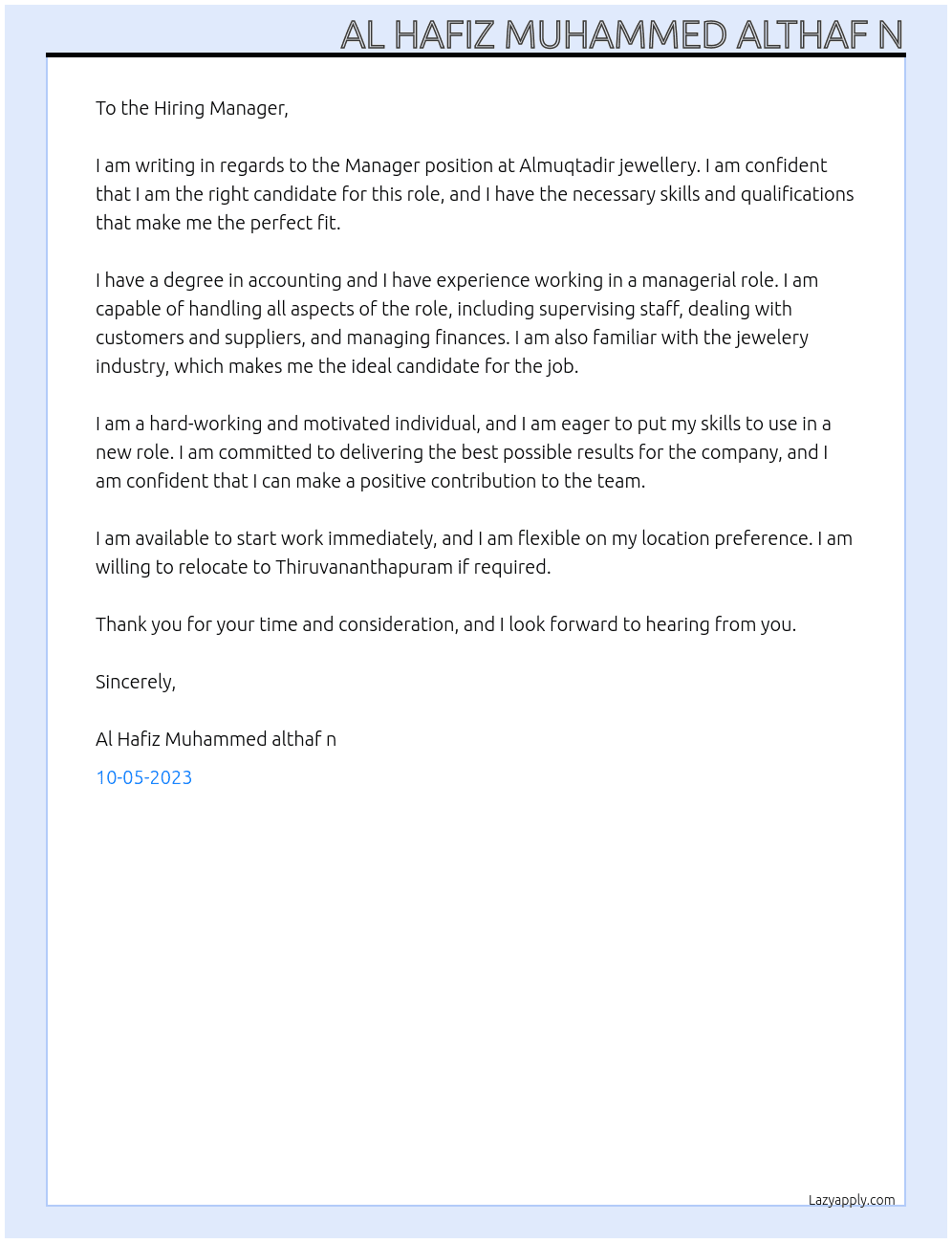 Manager position  At Almuqtadir jewellery  Cover Letter