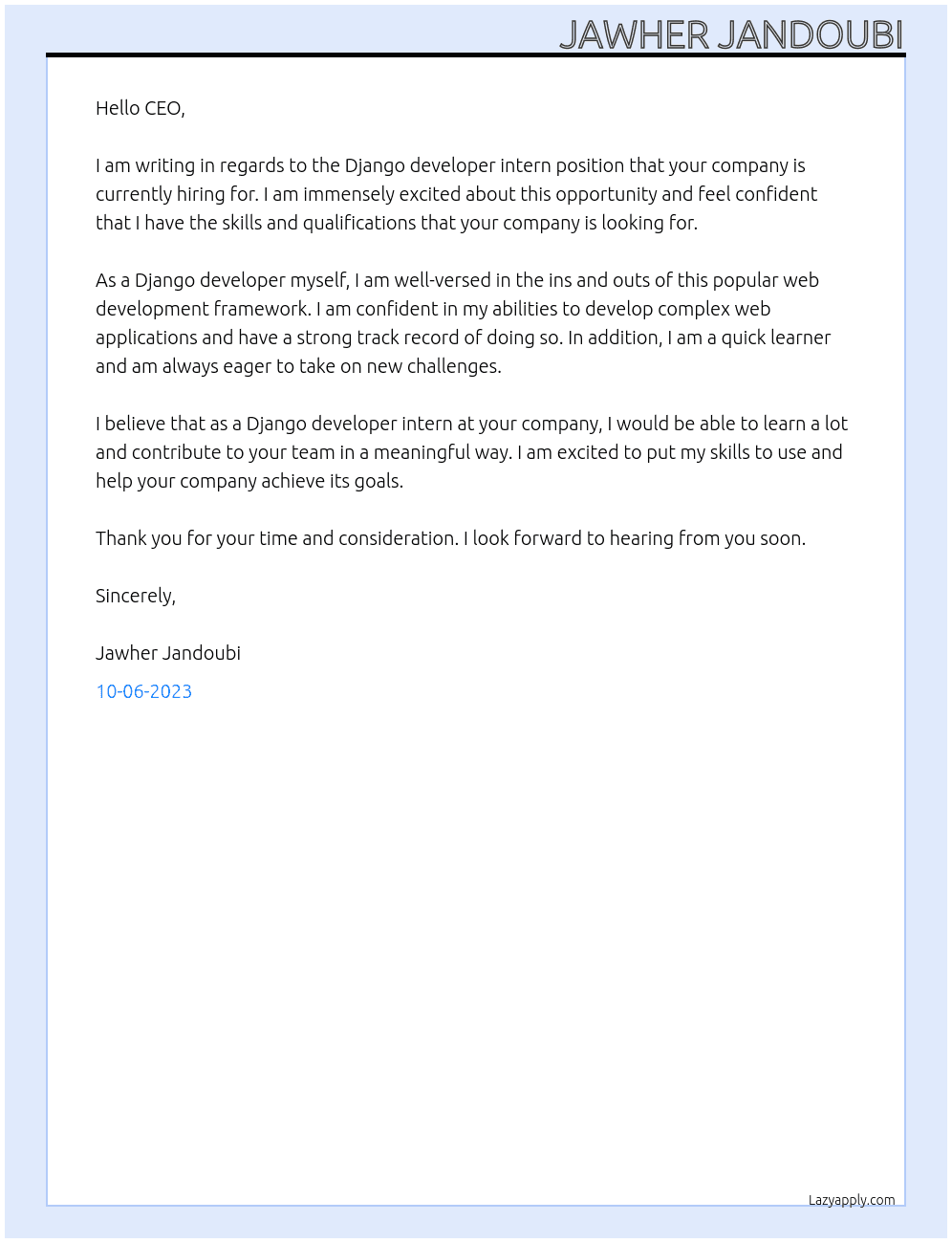 django developer intern At unkown Cover Letter