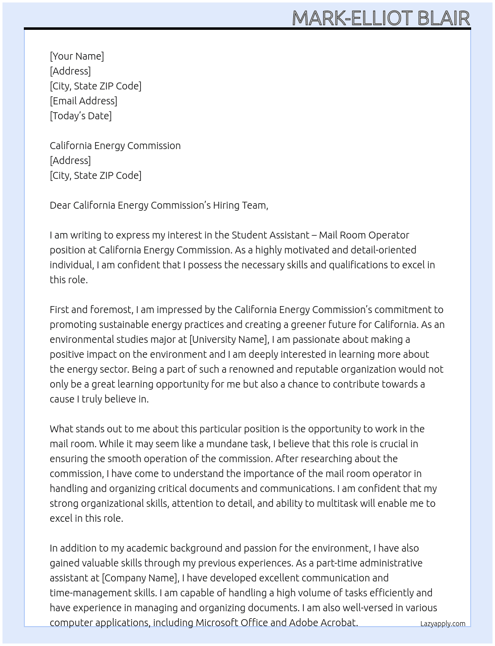 Student Assistant - Mail Room Operator At California Energy Comission Cover Letter