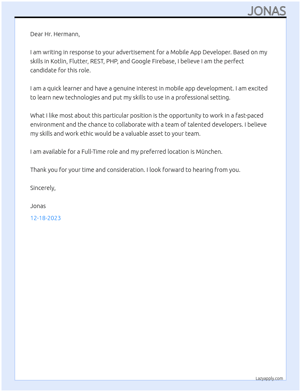 Mobile app developer At minnt Deutschland Cover Letter