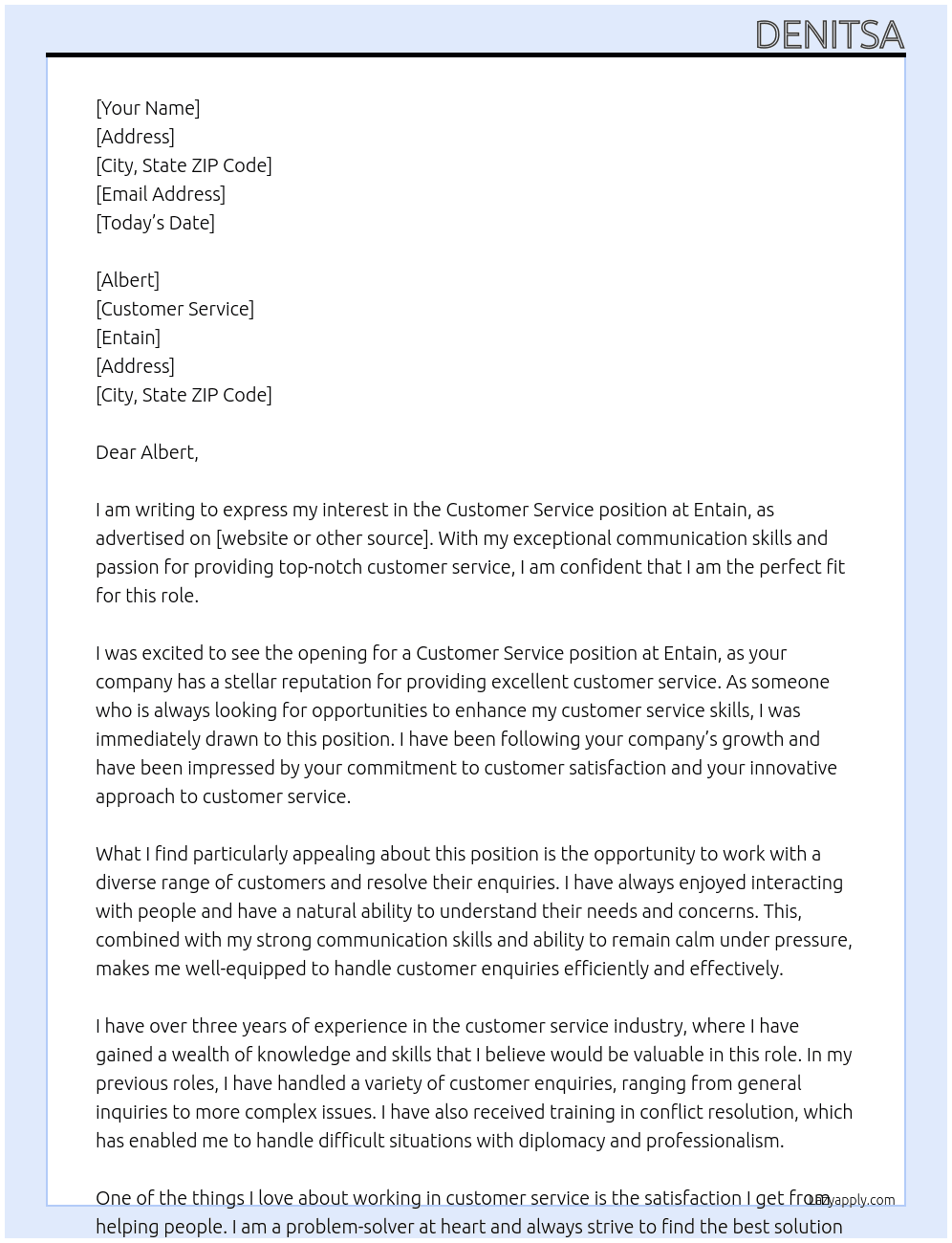 customer service At entain Cover Letter