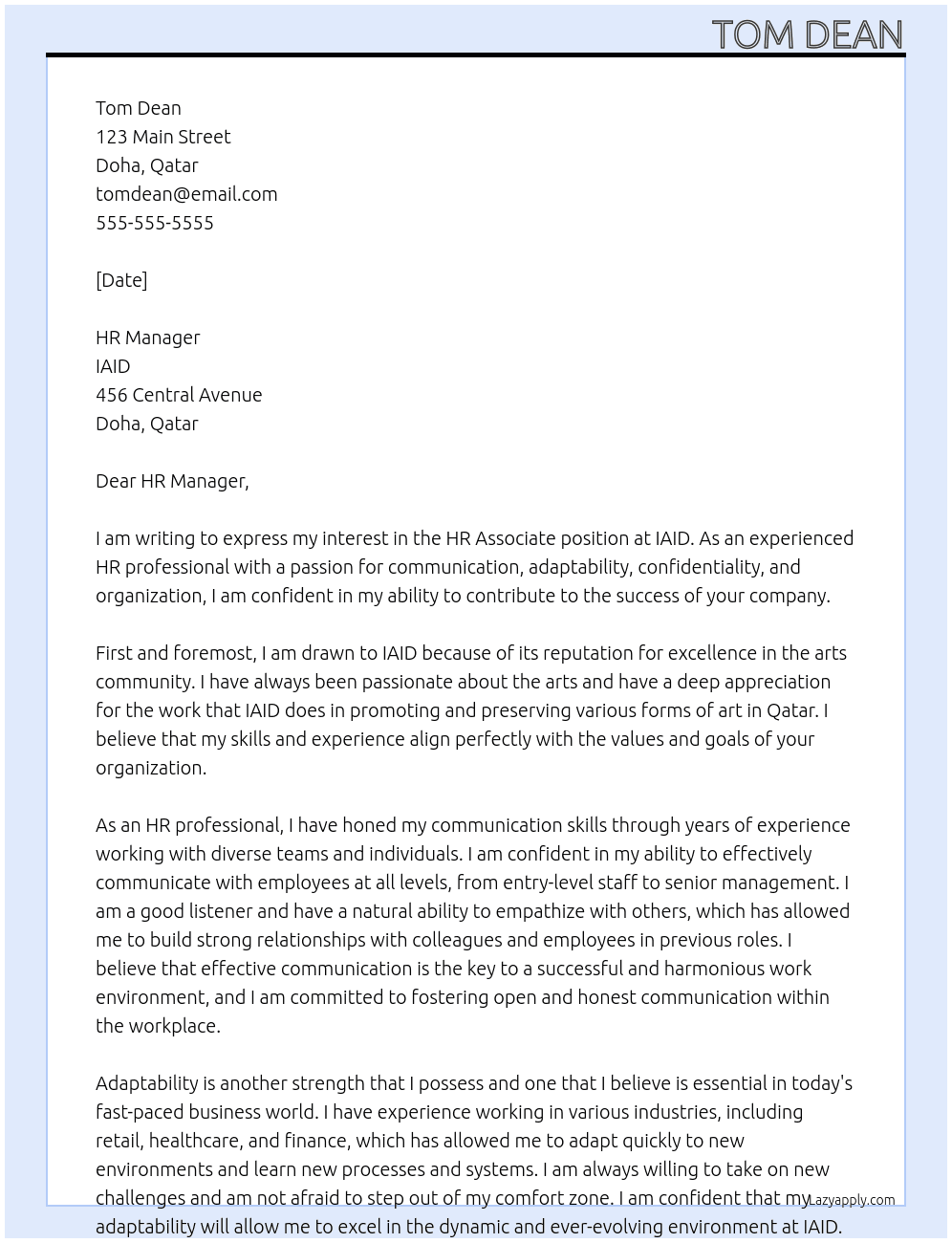 HR Associate At IAID Cover Letter