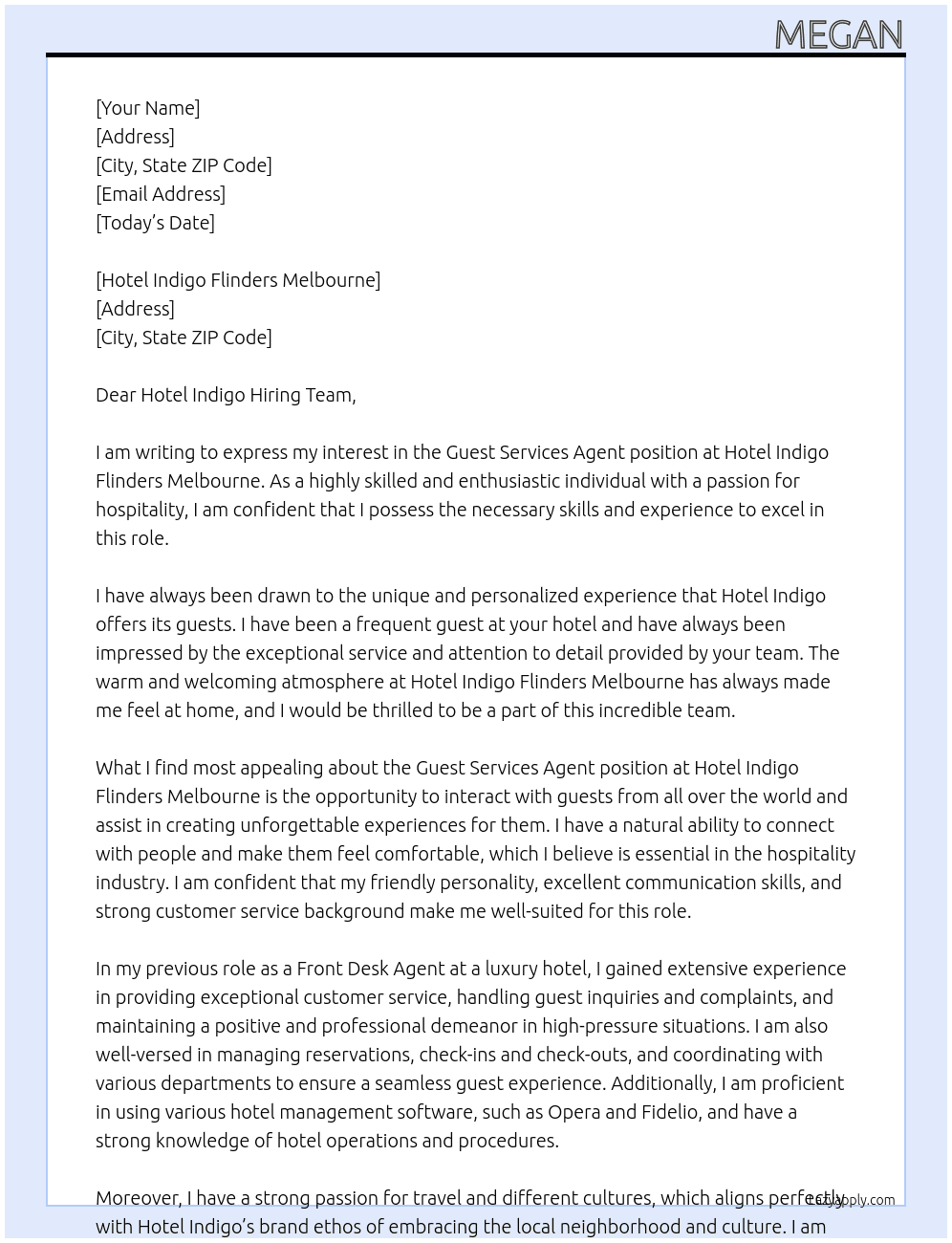 Guest Services Agent At Hotel Indigo Flinders Melbourne Cover Letter