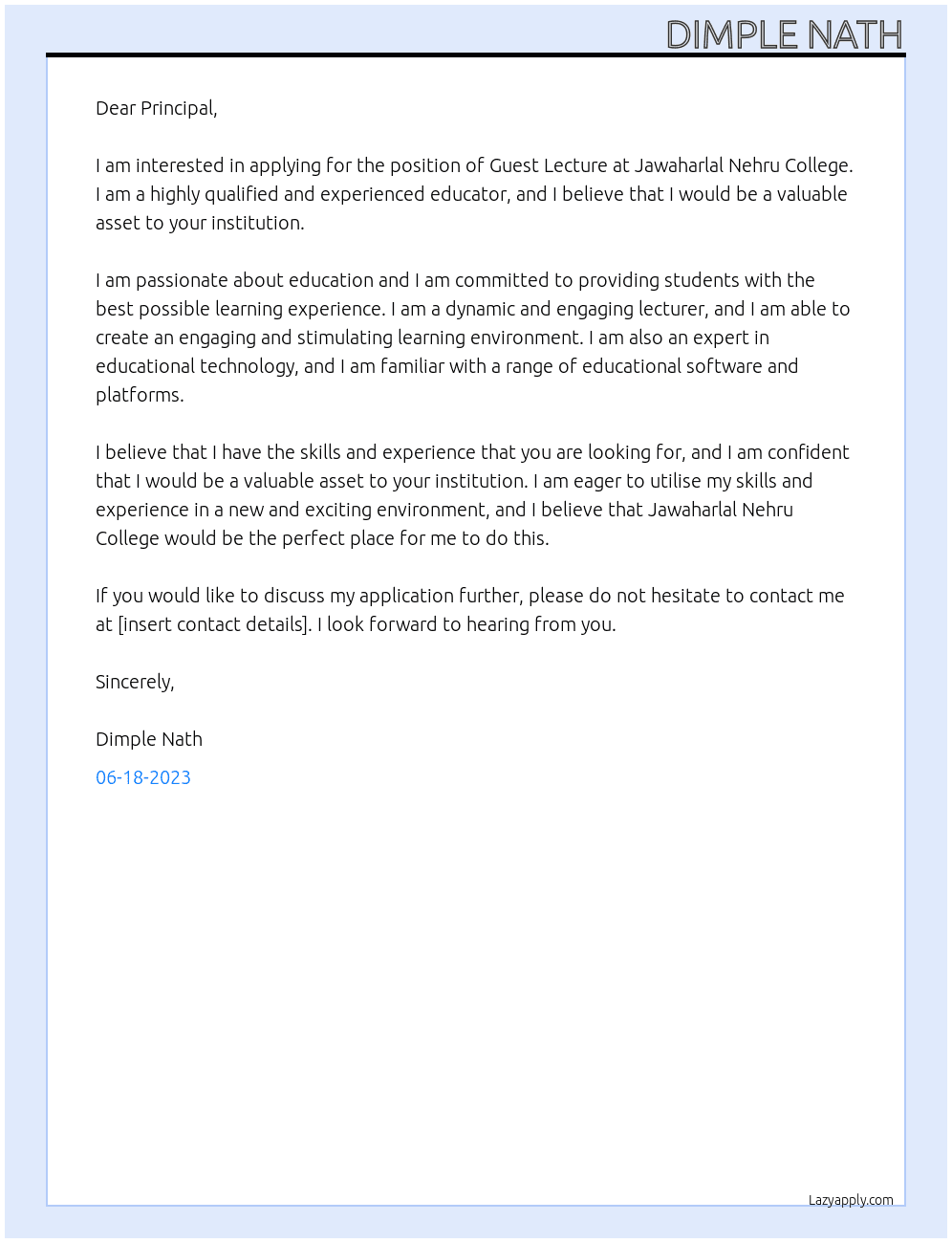 Guest Lecture  At Jawaharlal Nehru College  Cover Letter