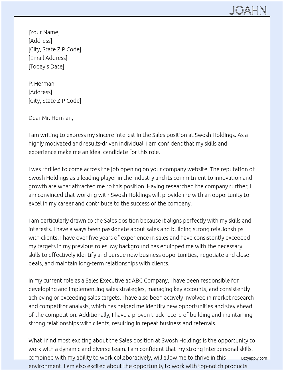 jobs for sales  At swosh holdings  Cover Letter