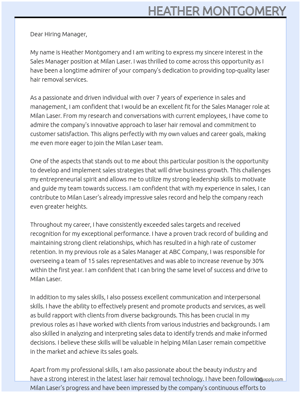 Sales manager At Milan Laser Cover Letter