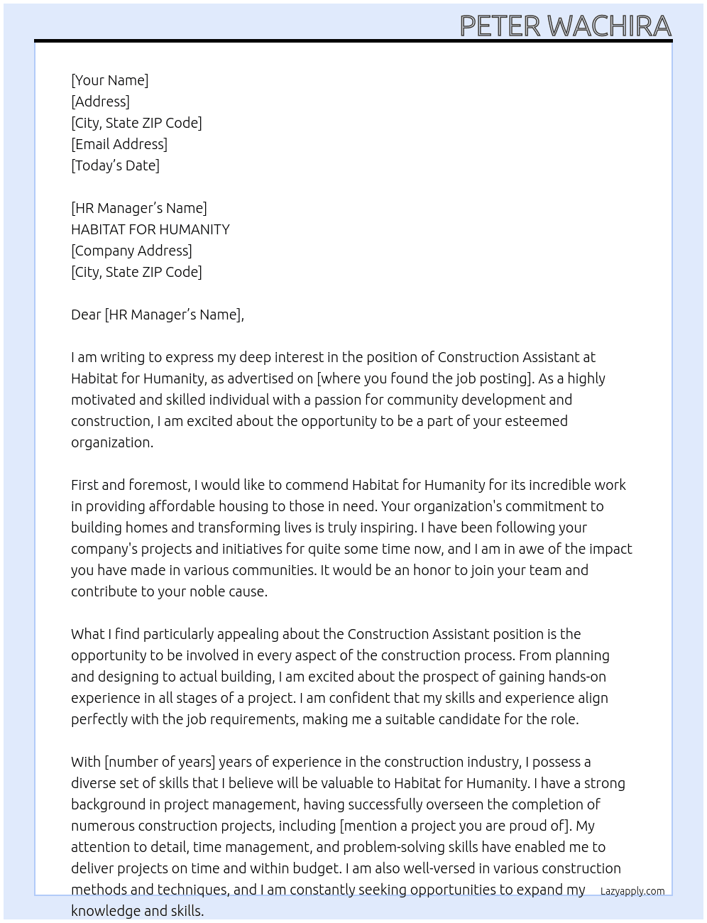 CONSTRUCTION ASSISTANT At HABITAT FOR HUMANITY Cover Letter