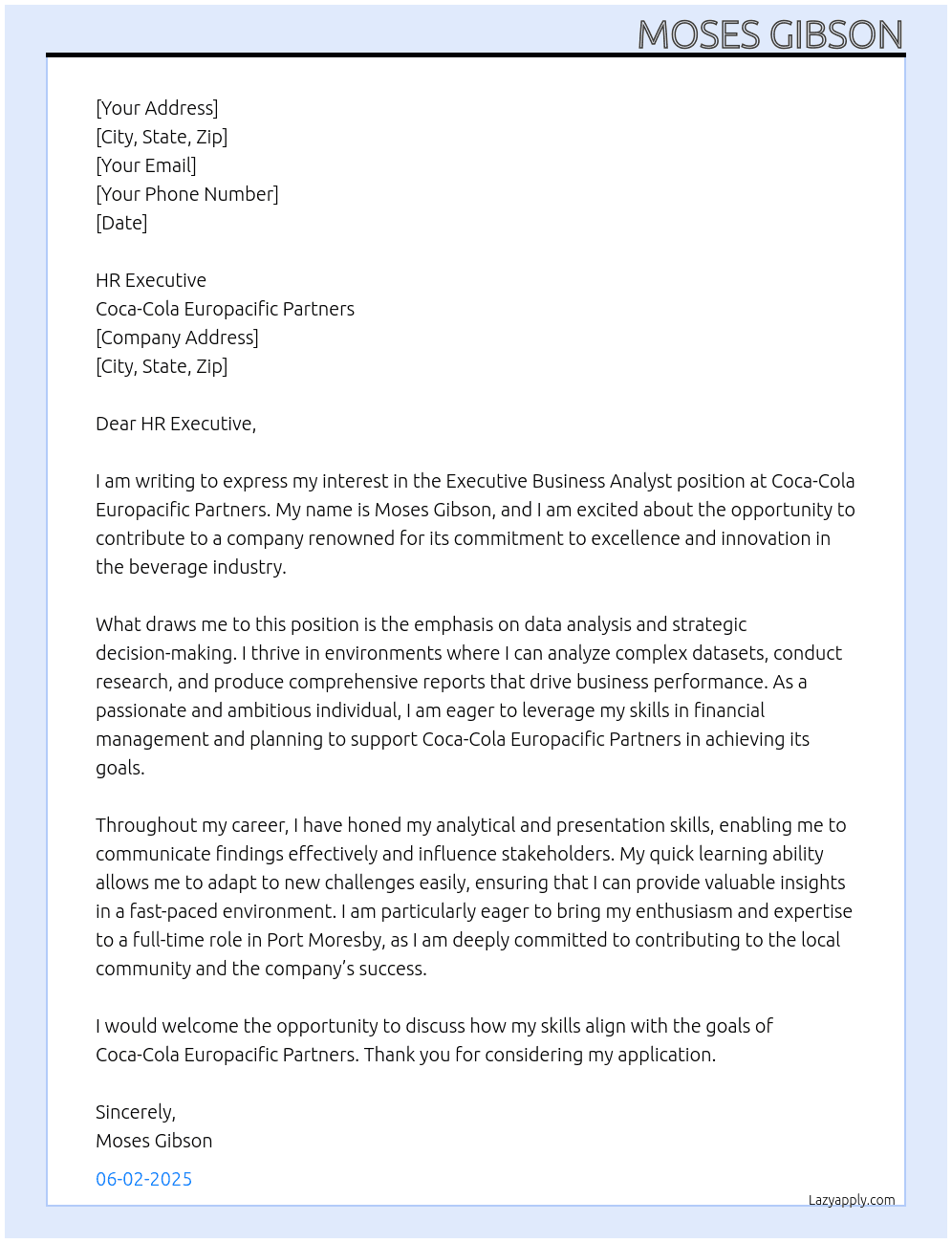 Executive Business Analyst At Coca Cola Europacifc Partners Cover Letter
