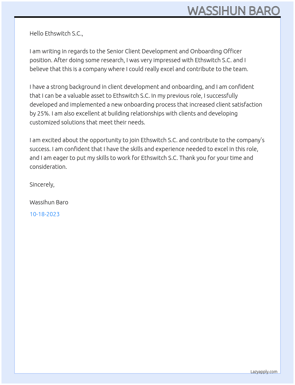 Senior Client Development and Onboarding Officer At Ethswitch S.C Cover Letter