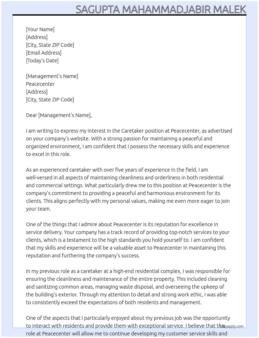 caretaker At Peacecenter Cover Letter