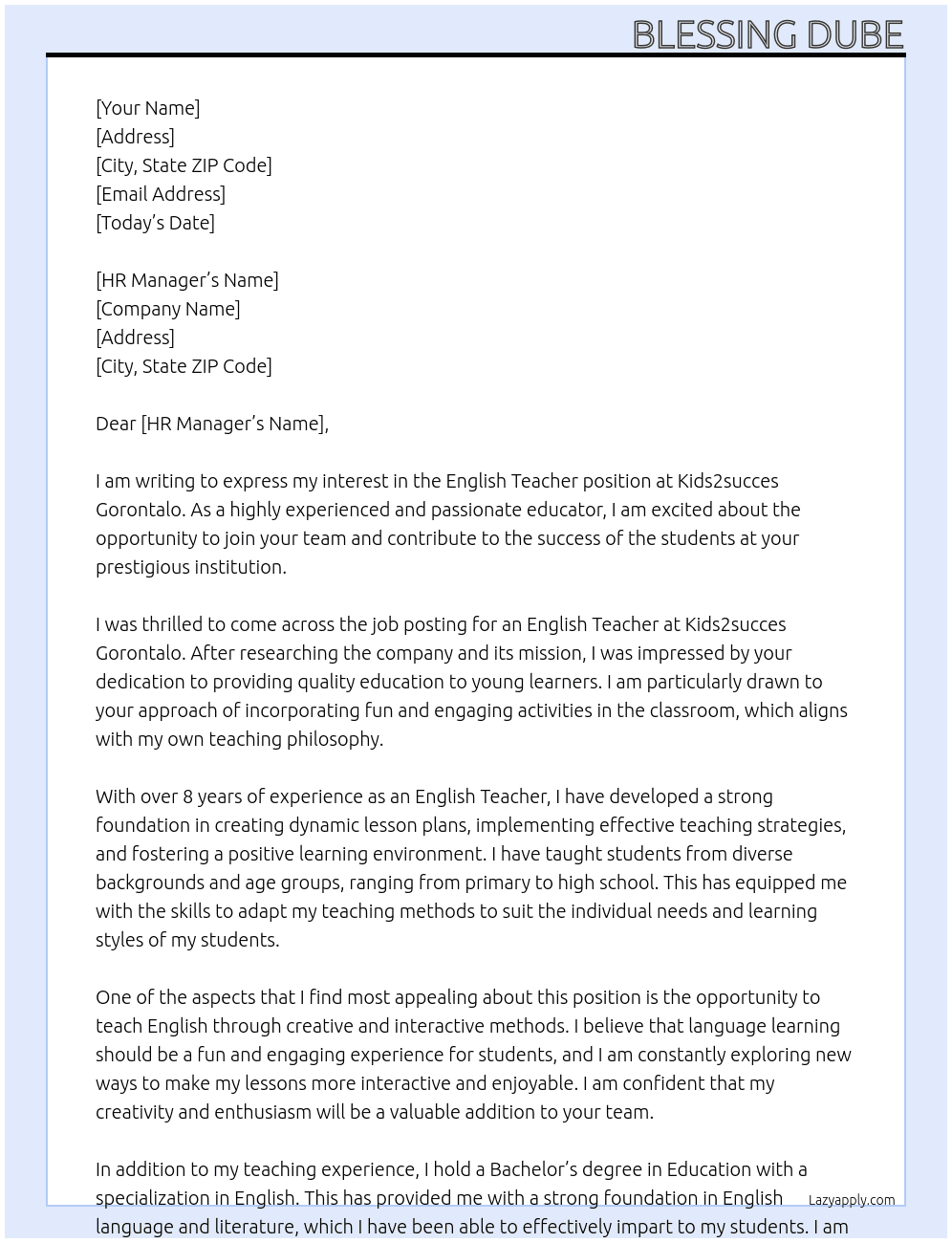 English Teacher  At Kids2succes Gorontalo Cover Letter