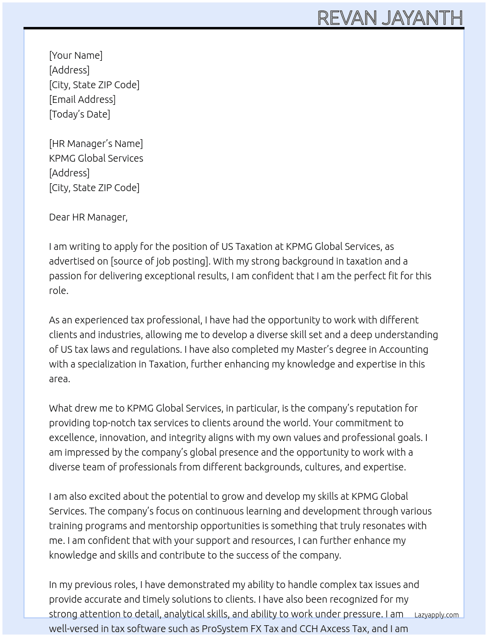 US Taxation At KPMG Global Services Cover Letter