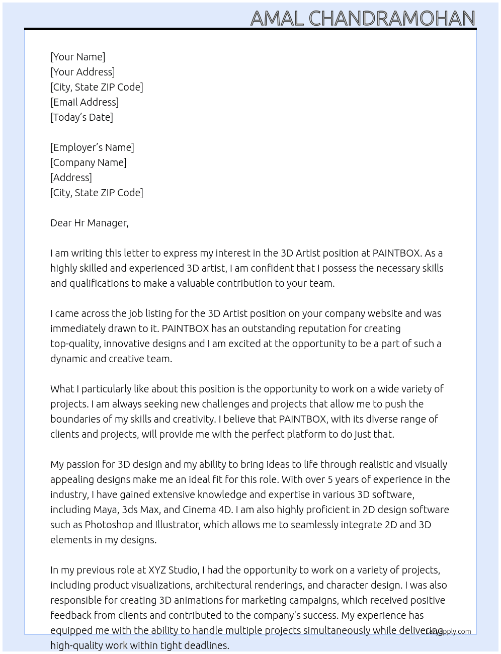 3D Artist  At PAINTBOX Cover Letter