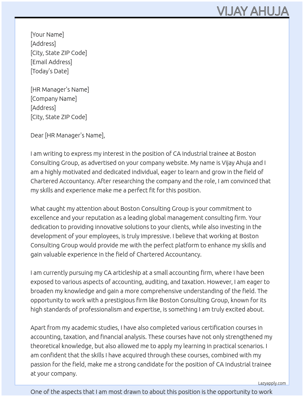 CA Industrial trainee At Boston Consulting Group  Cover Letter