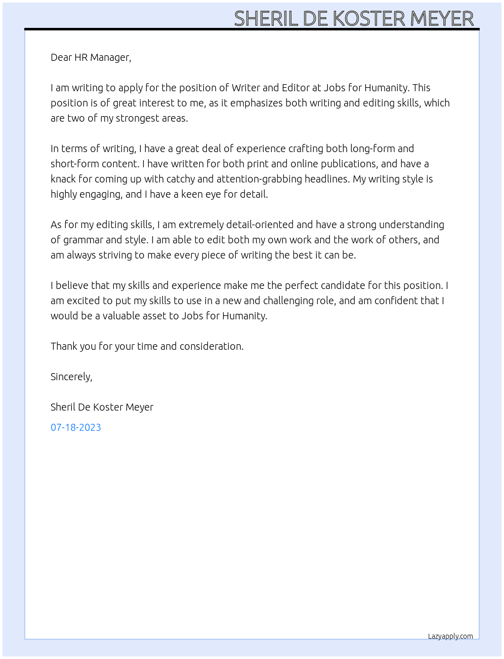 Writer and Editor  At Jobs for Humanity Cover Letter
