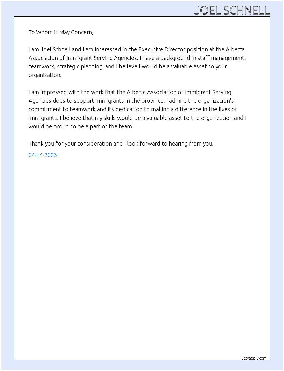 Executive Director At Alberta Association of Immigrant Serving Agencies Cover Letter