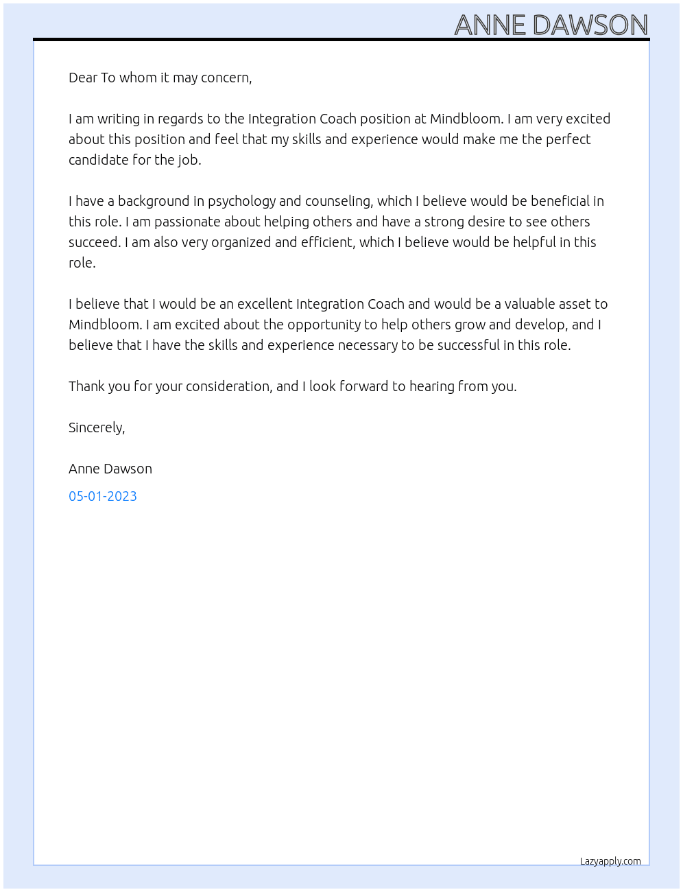 Integration Coach At Mindbloom Cover Letter