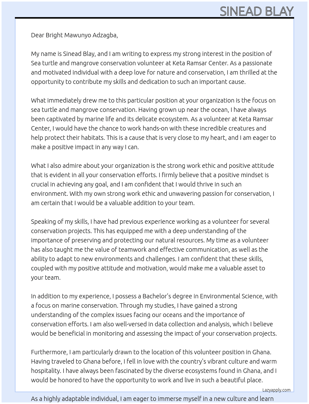 Sea turtle and mangrove conservation volunteer  At Keta Ramsar Center sea turtle and mangrove conservation  Cover Letter