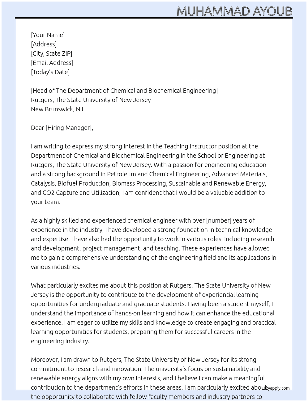 Teaching Instructor At Rutgers, The State University of New Jersey New Brunswick, NJ Cover Letter