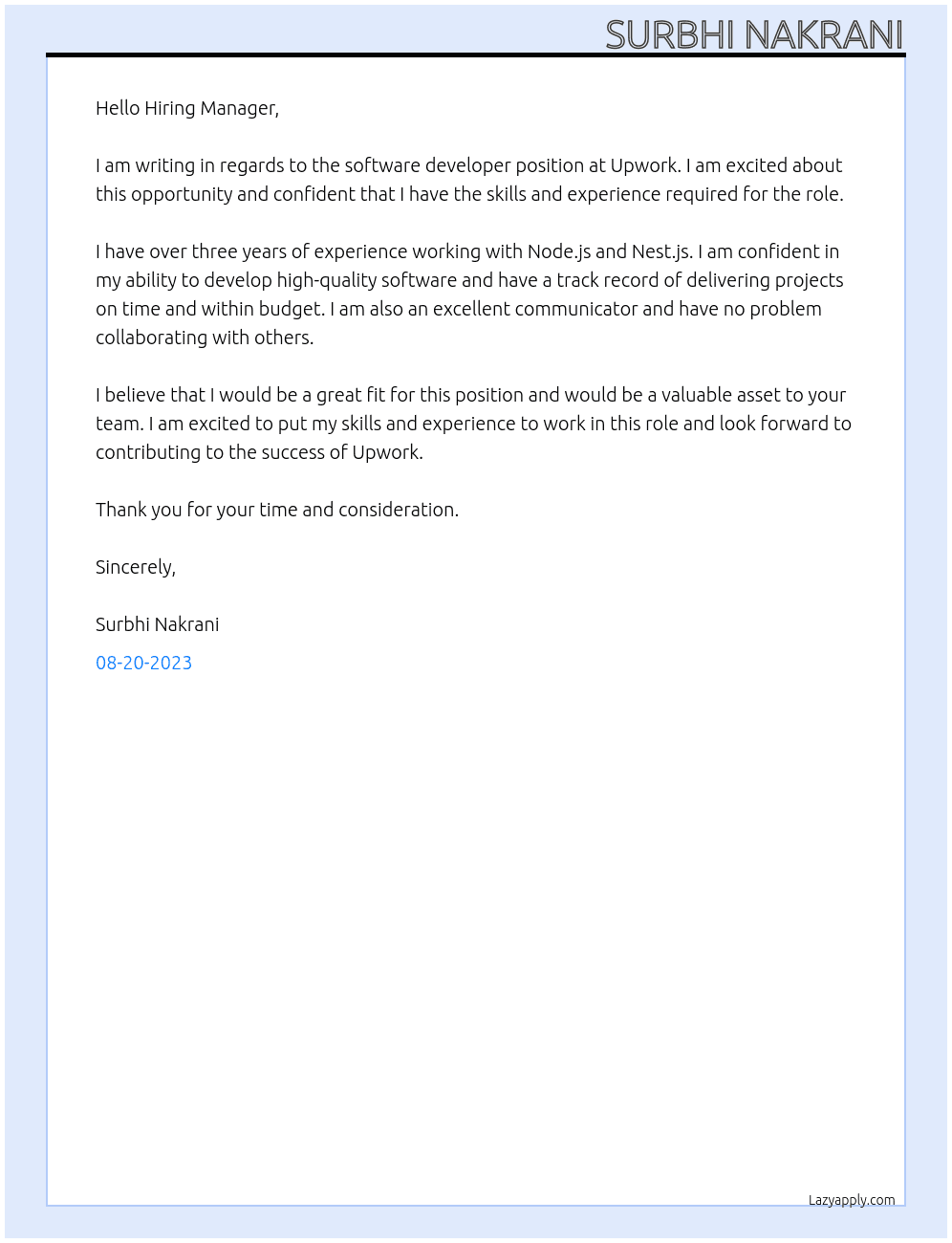 Software devloper At Upwork Cover Letter