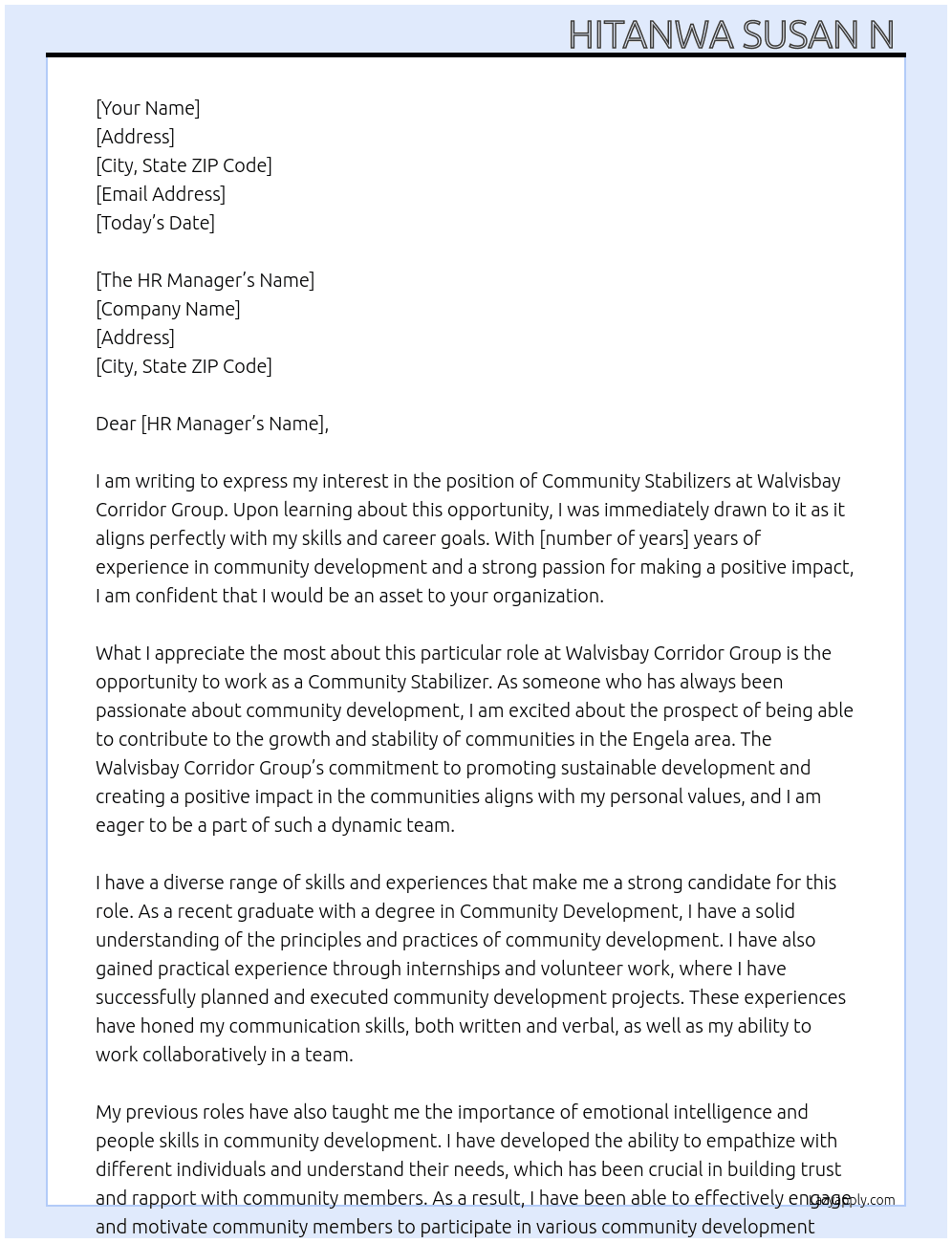 Community stabilizers  At Walvisbay Corridor Group  Cover Letter