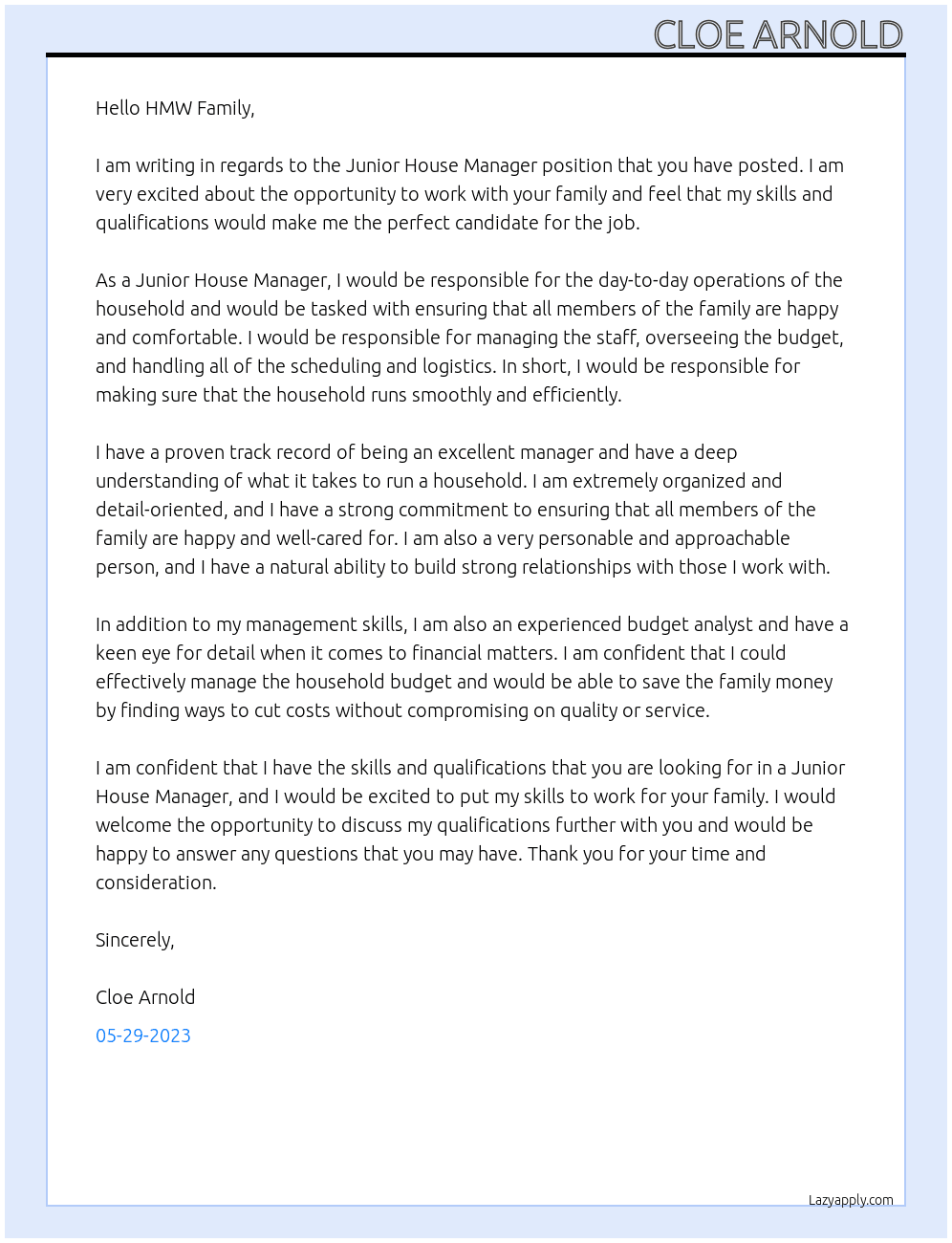 Junior House Manager At HMW Family Cover Letter