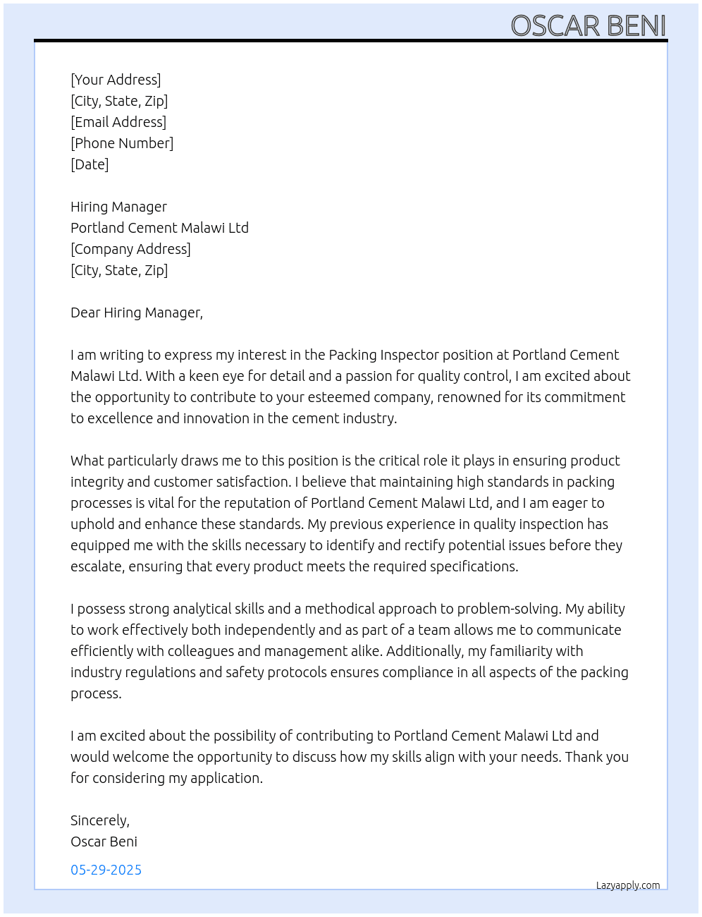 Packing inspector  At Portland Cement Malawi Ltd Cover Letter