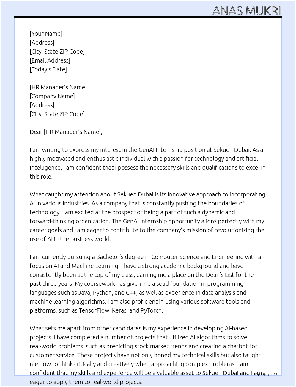 GenAI Internship At Sekuen Dubai Cover Letter