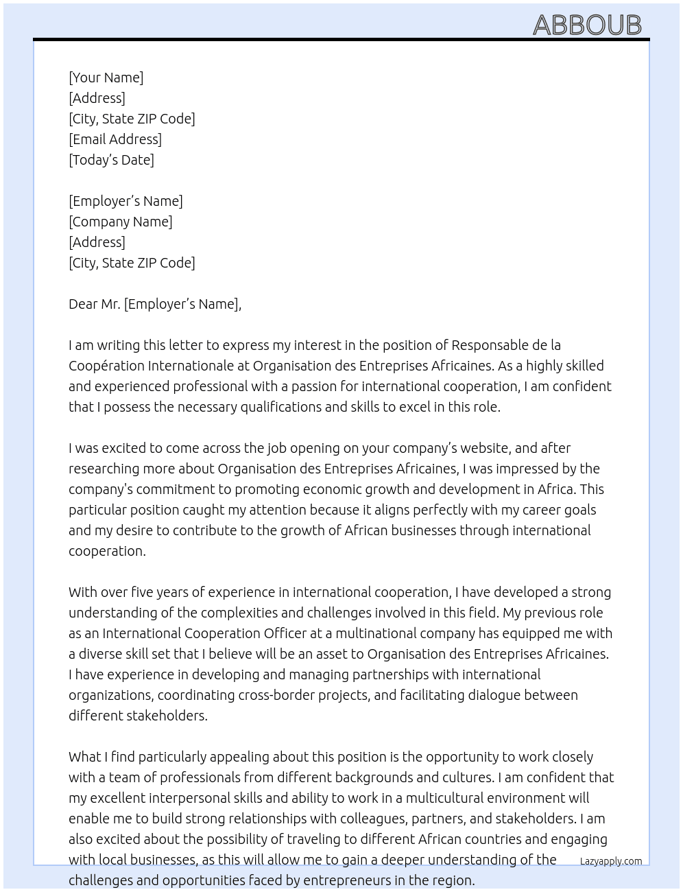 responsable de la coopération internationale  At organisation des entreprises africaines  Cover Letter
