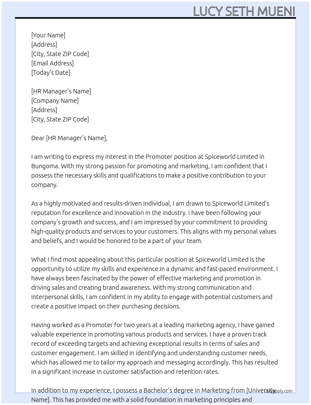 Promoter in Bungoma At Spiceworld Limited Cover Letter