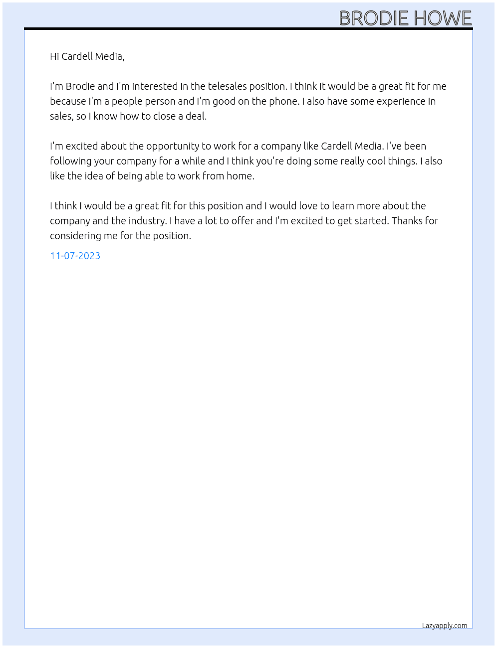 Telesales agent At Cardell Media Cover Letter