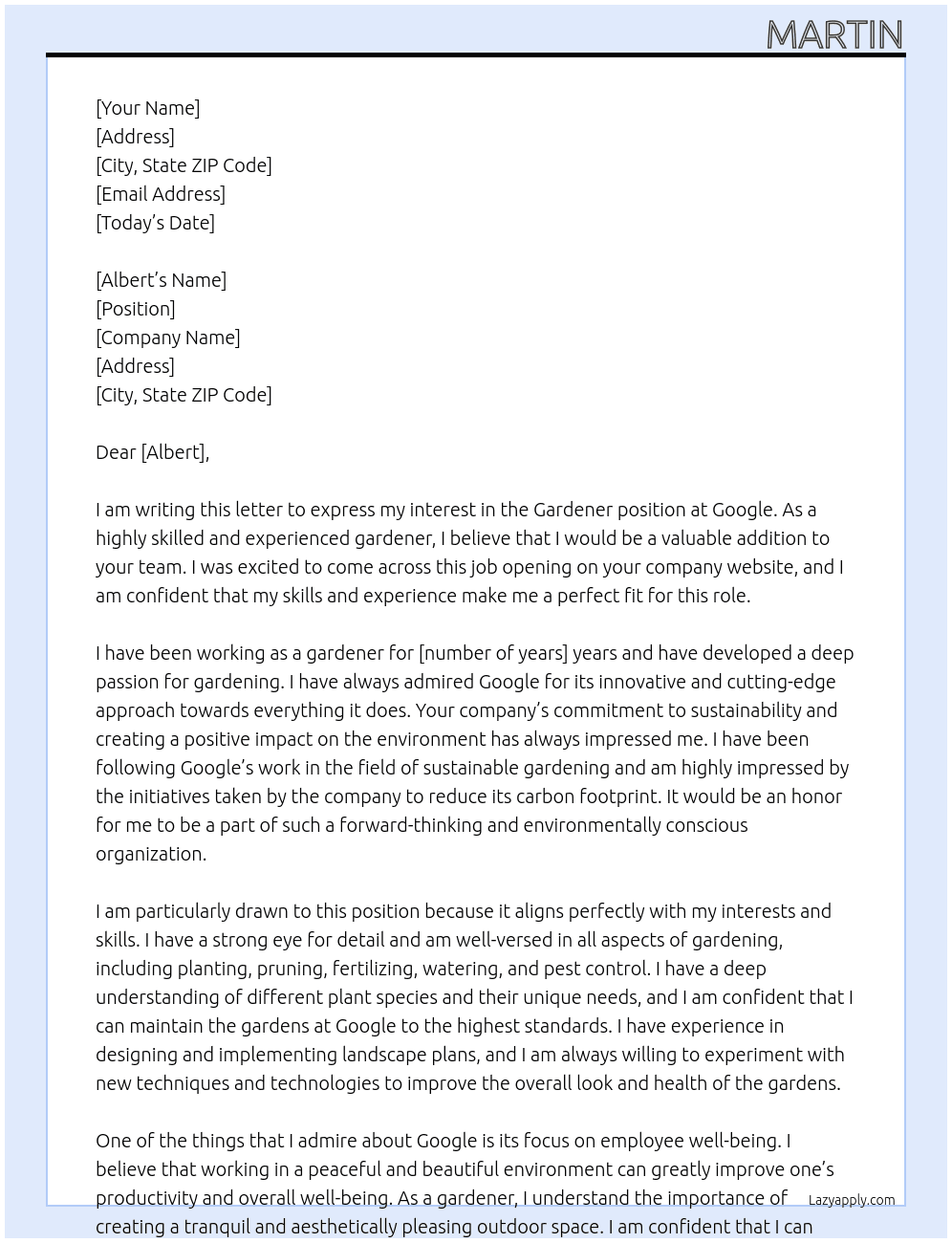 Gardener At Google Cover Letter