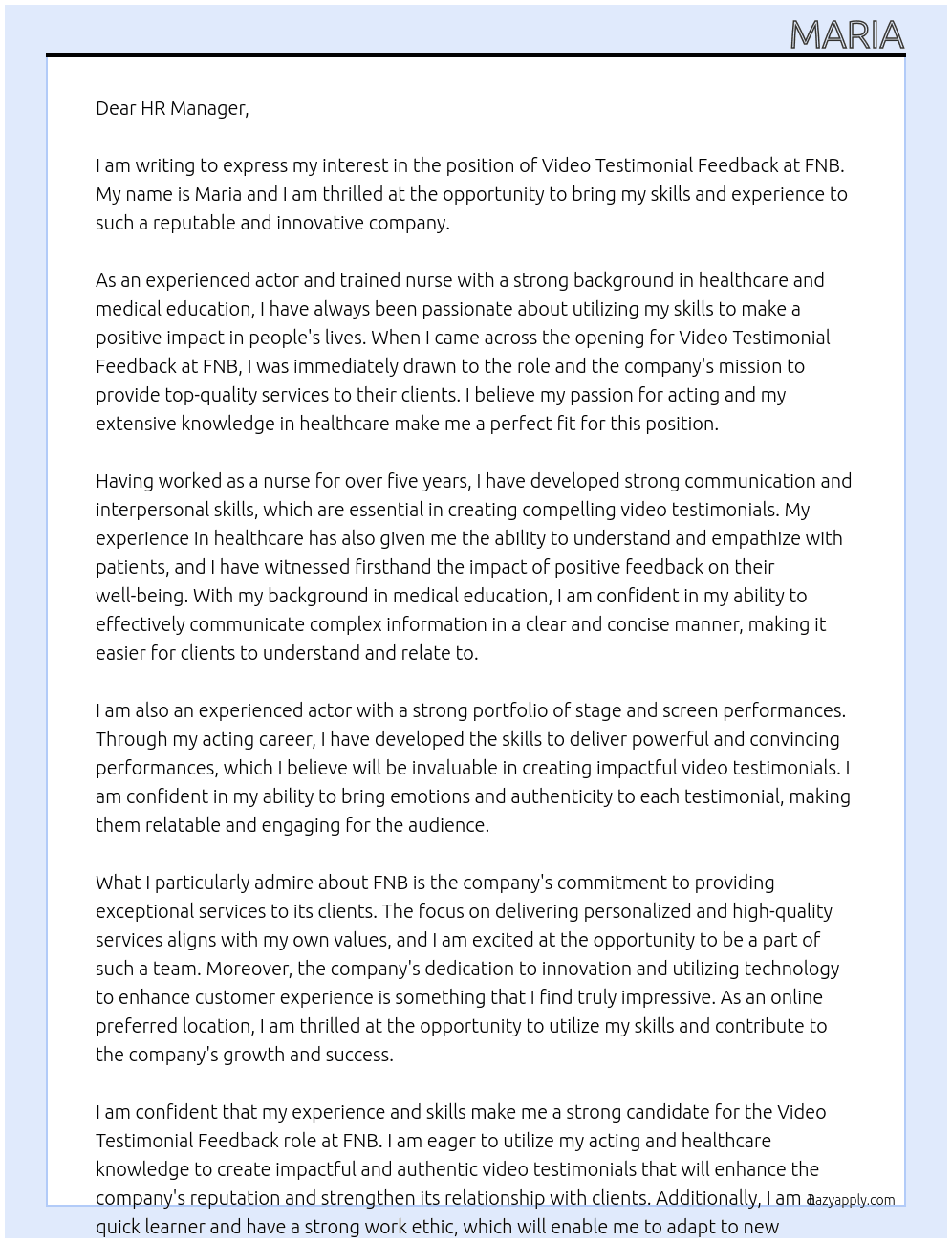 Video testimonial feedback At FNB Cover Letter