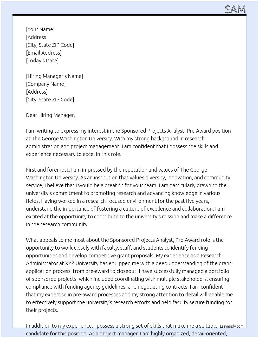 Sponsored Projects Analyst, Pre-Award At The George Washington University Cover Letter