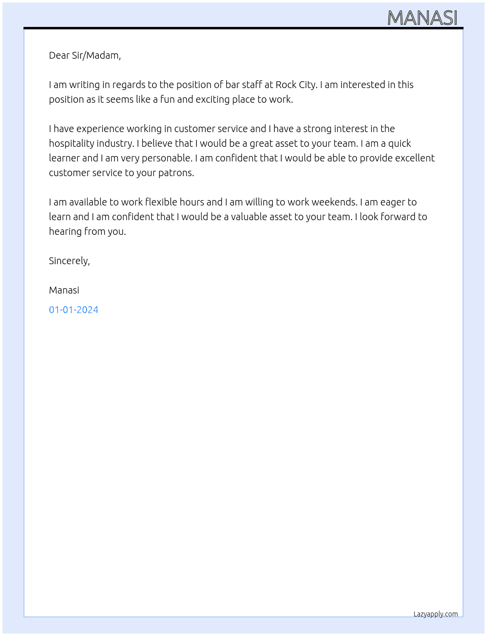 Bar staff At rock city Cover Letter