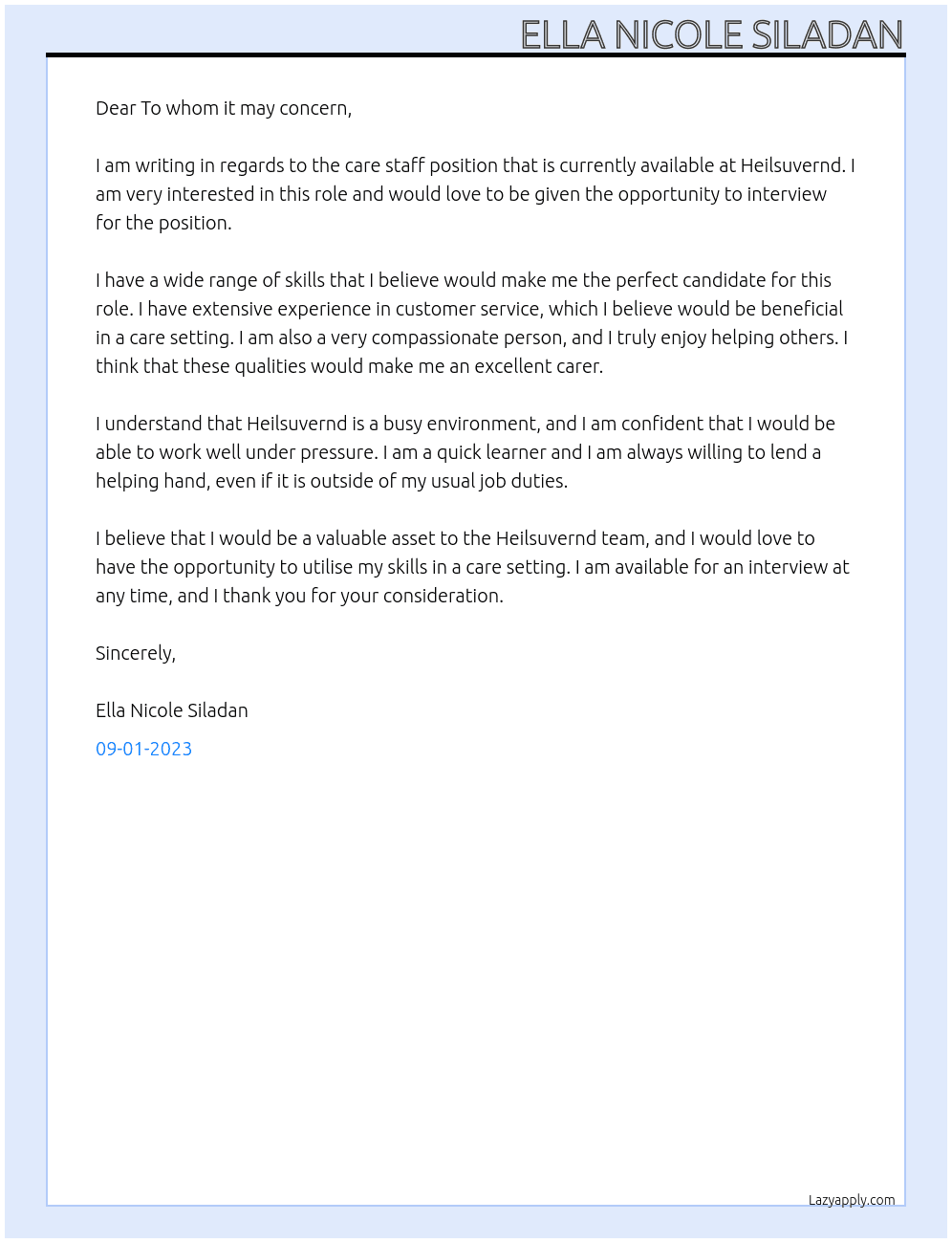 Care Staff At Heilsuvernd Cover Letter